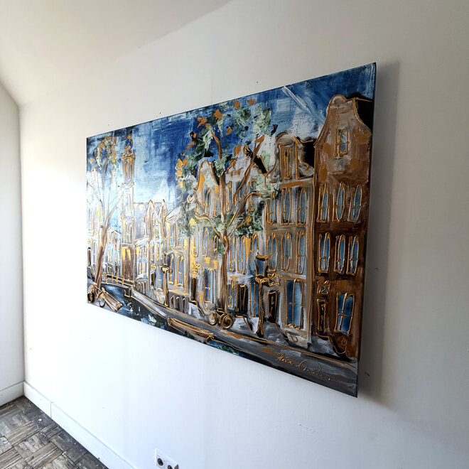 Painting- 100x150cm - Rick Triest - Amsterdam Herengracht -Sky Blue and Gold #15 - Westertoren