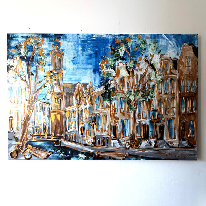 Schilderij- 100x150cm - Amsterdam Herengracht -Sky Blue and Gold #15 - Westertoren