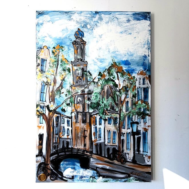 Schilderij- 100x150cm - Amsterdam Herengracht -Sky Blue and Gold #14 - Westertoren