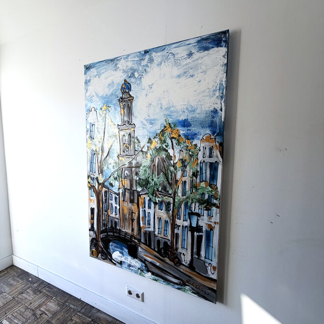 Painting- 100x150cm - Rick Triest - Amsterdam Herengracht -Sky Blue and Gold #14 - Westertoren
