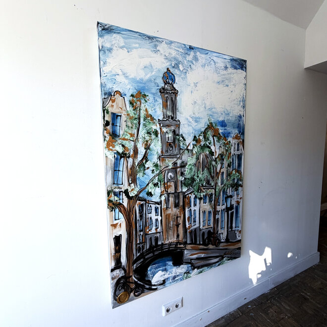 Schilderij- 100x150cm - Rick Triest - Amsterdam Herengracht -Sky Blue and Gold #14 - Westertoren