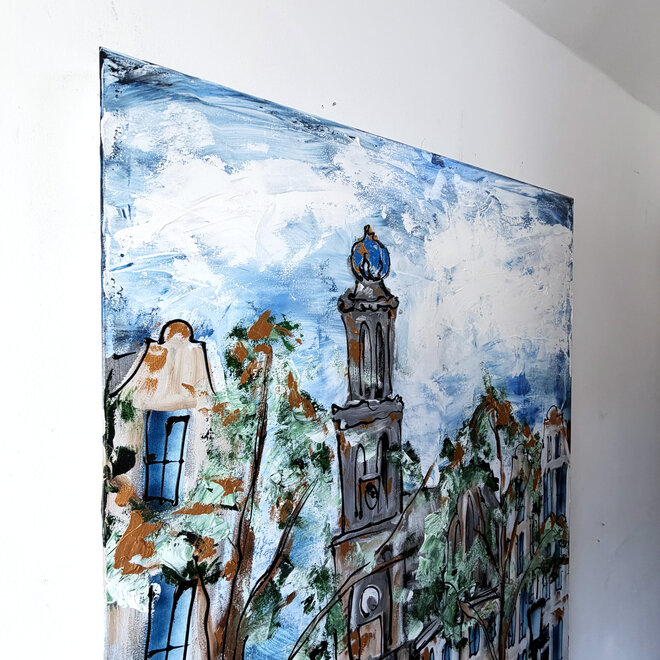 Schilderij- 100x150cm - Rick Triest - Amsterdam Herengracht -Sky Blue and Gold #14 - Westertoren
