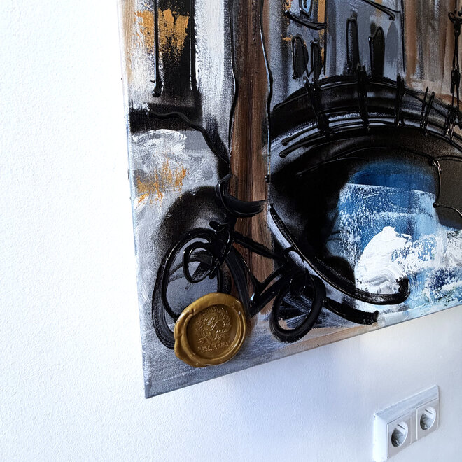 Painting- 100x150cm - Rick Triest - Amsterdam Herengracht -Sky Blue and Gold #14 - Westertoren