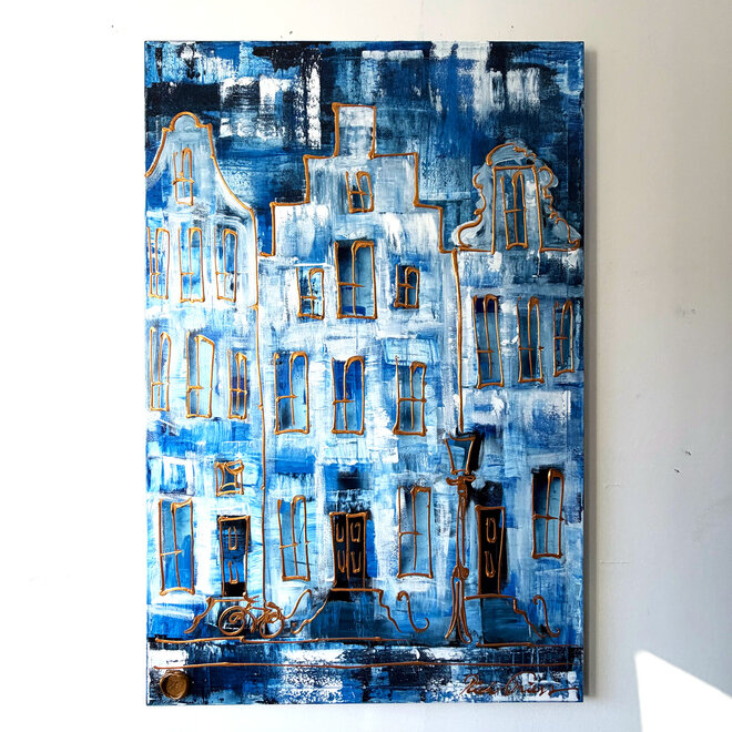 Schilderij- 100x150cm - Amsterdam Herengracht -Sky Blue and Gold #12