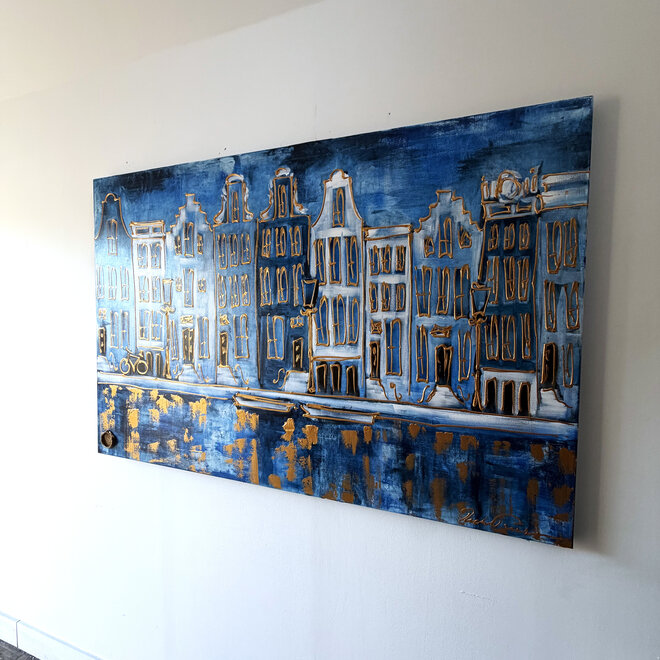 Schilderij- 100x150cm - Rick Triest - Amsterdam Herengracht -Sky Blue and Gold #11