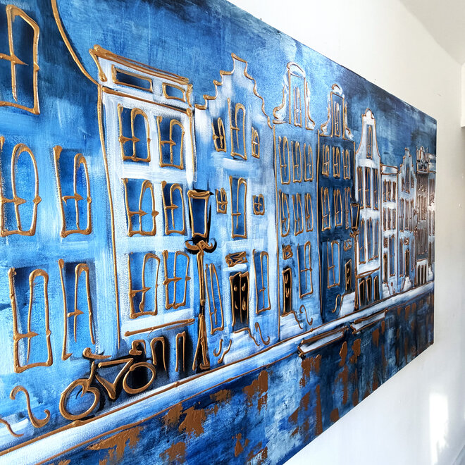 Schilderij- 100x150cm - Rick Triest - Amsterdam Herengracht -Sky Blue and Gold #11