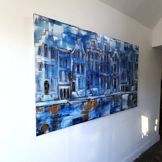 Schilderij- 100x150cm - Rick Triest - Amsterdam Herengracht -Sky Blue and Gold #10