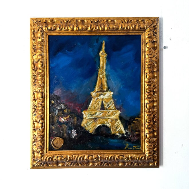 Schilderij – 40 × 50 cm – Rick Triest – Paris After Dark – Eiffeltoren bij Nacht – olieverf – inclusief handgemaakte lijst