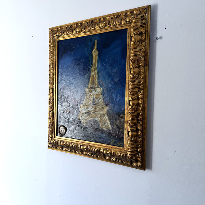 Paris After Dark – Eiffel Tower at Night – Original Oil Painting by Rick Triest – canvas size 40 × 50 cm – Wet-on-Wet – Including Handmade Frame