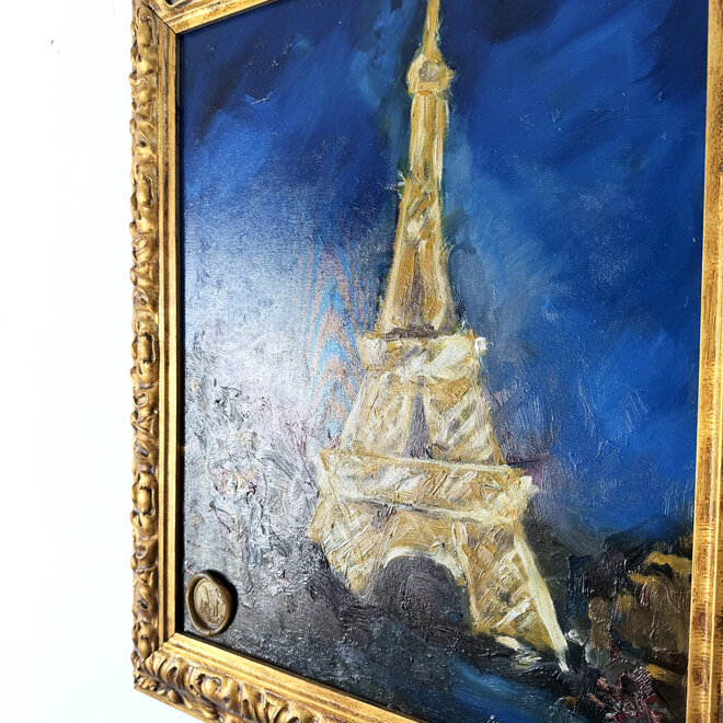 Paris After Dark – Eiffeltoren bij Nacht – Origineel olieverfschilderij van Rick Triest – doekmaat 40 × 50 cm – nat-in-nat geschilderd – inclusief handgemaakte lijst