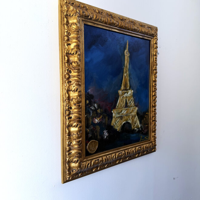 Paris After Dark – Eiffeltoren bij Nacht – Origineel olieverfschilderij van Rick Triest – doekmaat 40 × 50 cm – nat-in-nat geschilderd – inclusief handgemaakte lijst