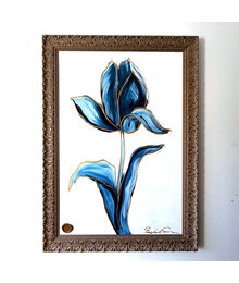 Schilderij -80x120x2 cm - Tulpenmanie - XL delft tulp - Blue and gold -#1 - inclusief lijst