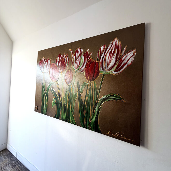 Schilderij -100x150 cm -Rick Triest - Tulpenmanie - Inspired by Dutch masters - Bronze paint - Red Tulips #1