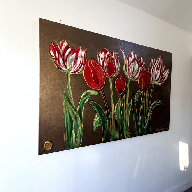 Schilderij -100x150 cm -Rick Triest - Tulpenmanie - Inspired by Dutch masters - Bronze paint - Red Tulips #1
