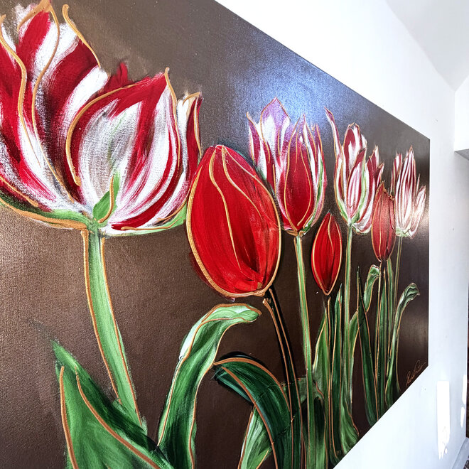 Schilderij -100x150 cm -Rick Triest - Tulpenmanie - Inspired by Dutch masters - Bronze paint - Red Tulips #1