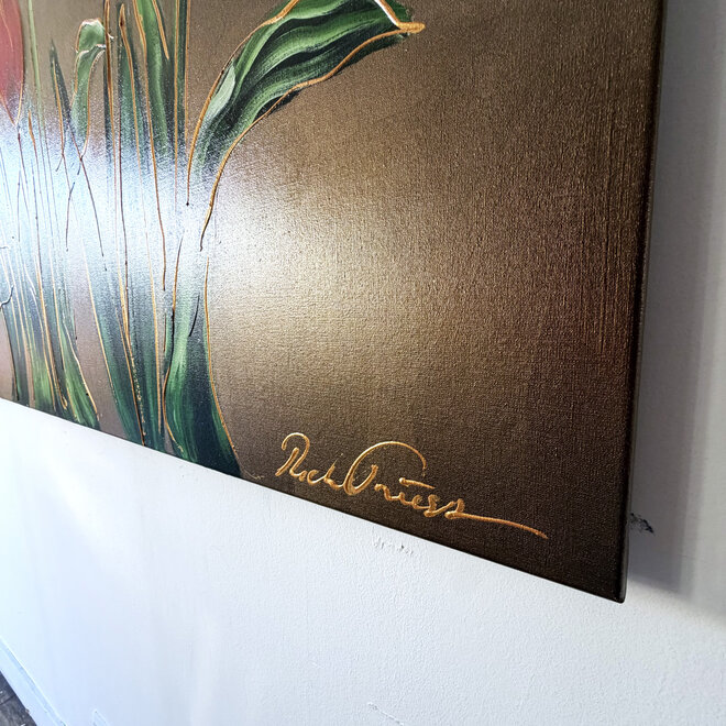 Schilderij -100x150 cm -Rick Triest - Tulpenmanie - Inspired by Dutch masters - Bronze paint - Red Tulips #1