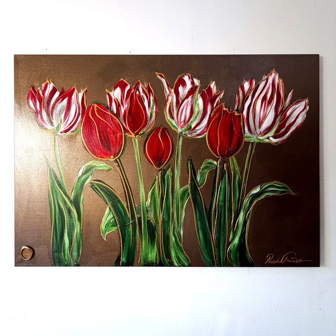 Painting - 100x150 cm -Rick Triest - Tulp mania - Inspired by Dutch masters - Bronze paint - Red Tulips #1