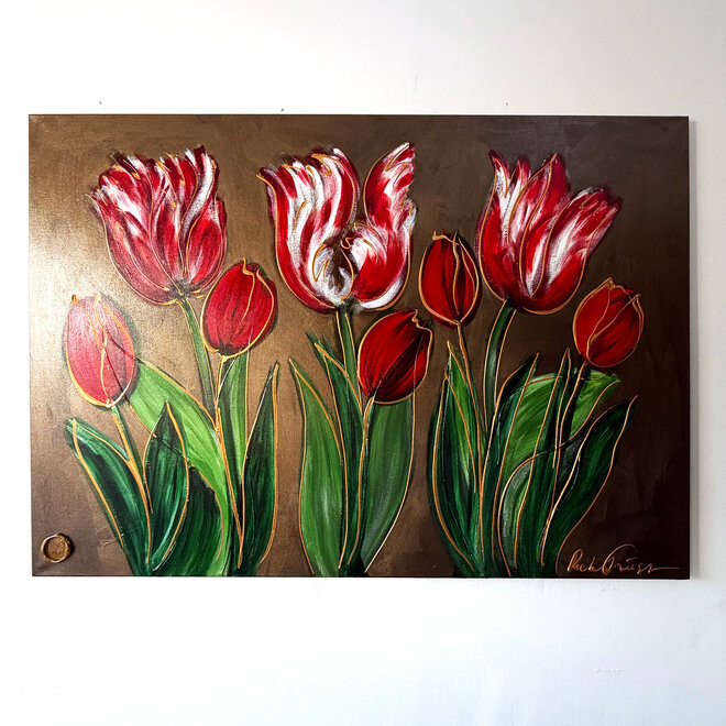 Schilderij -100x150 cm -Rick Triest - Tulpenmanie - Inspired by Dutch masters - Bronze paint - Red Tulips #2