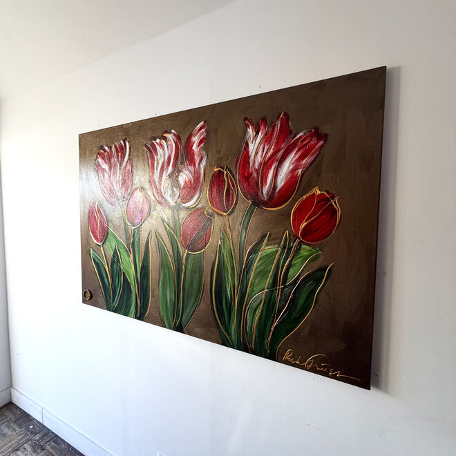 Schilderij -100x150 cm -Rick Triest - Tulpenmanie - Inspired by Dutch masters - Bronze paint - Red Tulips #2