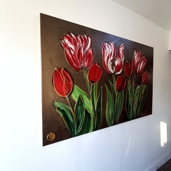 Schilderij -100x150 cm -Rick Triest - Tulpenmanie - Inspired by Dutch masters - Bronze paint - Red Tulips #2