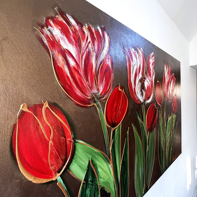 Painting - 100x150 cm -Rick Triest - Tulp mania - Inspired by Dutch masters - Bronze paint - Red Tulips #2