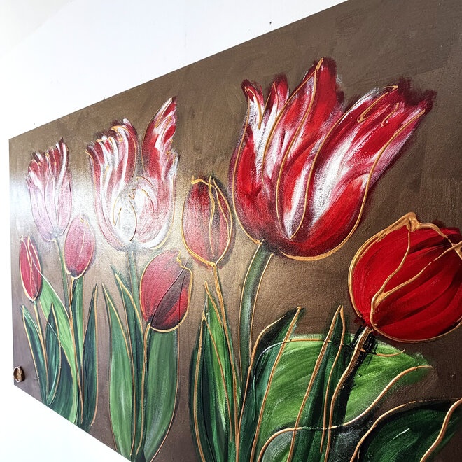Schilderij -100x150 cm -Rick Triest - Tulpenmanie - Inspired by Dutch masters - Bronze paint - Red Tulips #2