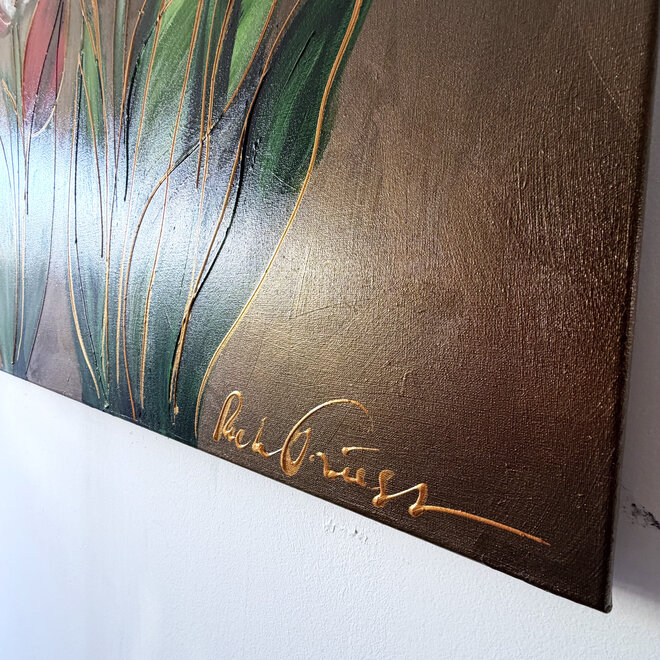 Schilderij -100x150 cm -Rick Triest - Tulpenmanie - Inspired by Dutch masters - Bronze paint - Red Tulips #2