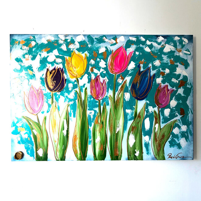 Painting  - 100x150 cm - Tulpenmanie - Compositie van tulpen met goud #20