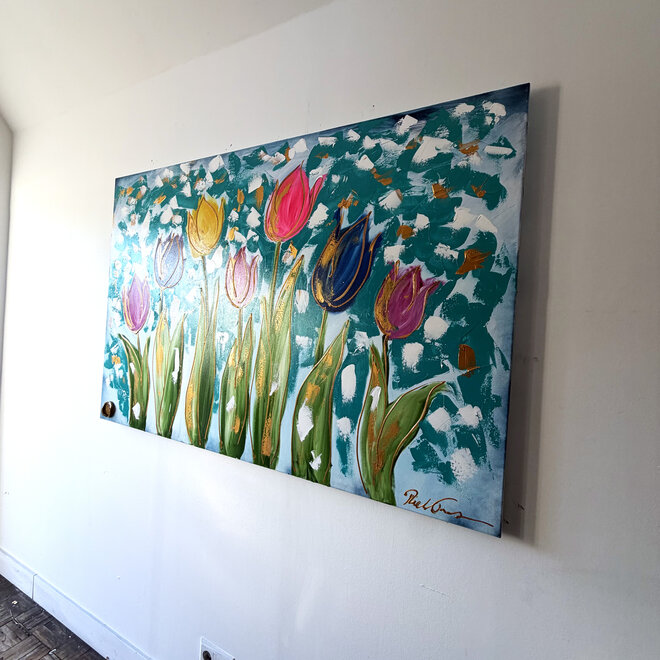 Schilderij - 100x150 cm - Rick Triest - Tulpenmanie - Compositie van tulpen met goud #20