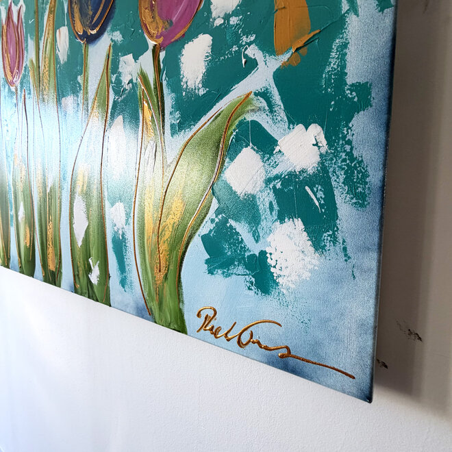 Schilderij - 100x150 cm - Rick Triest - Tulpenmanie - Compositie van tulpen met goud #20