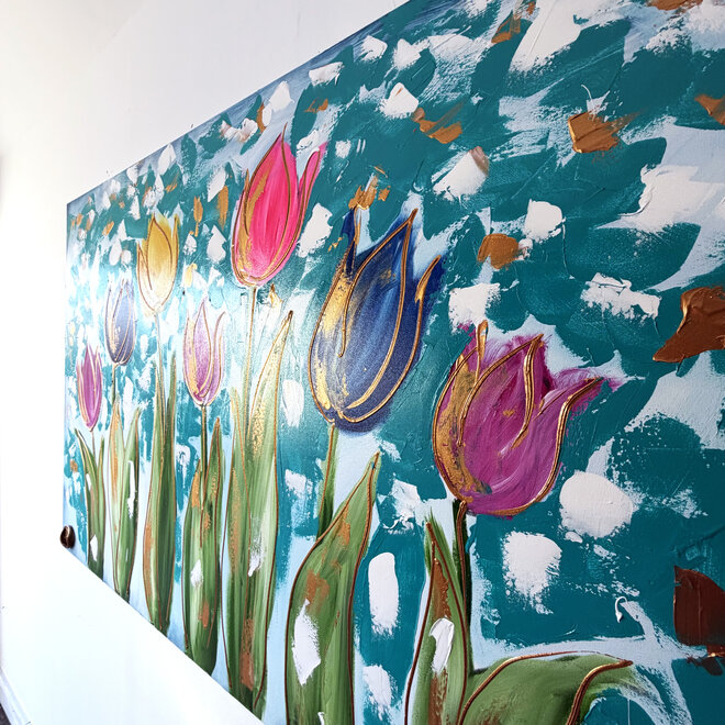 Schilderij - 100x150 cm - Rick Triest - Tulpenmanie - Compositie van tulpen met goud #20