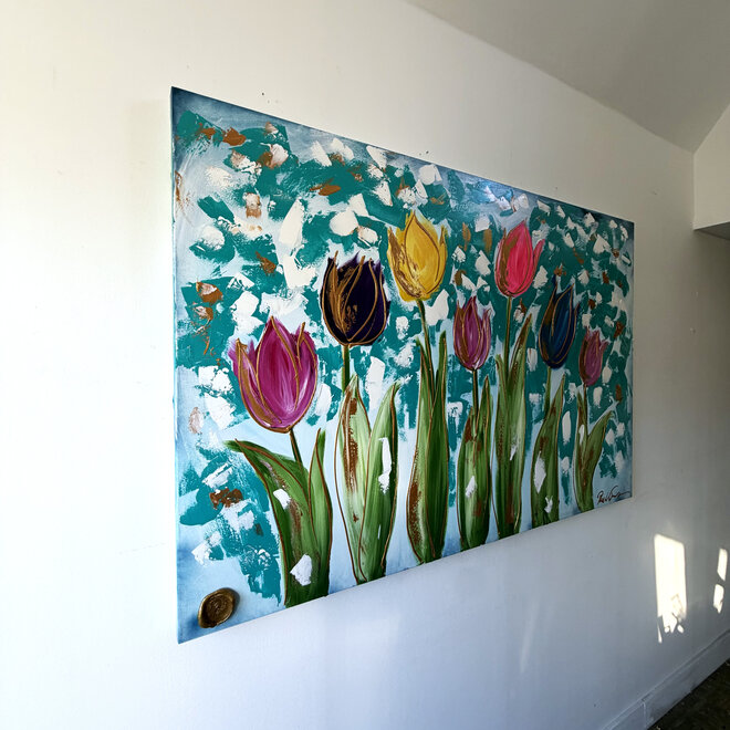 Schilderij - 100x150 cm - Rick Triest - Tulpenmanie - Compositie van tulpen met goud #20