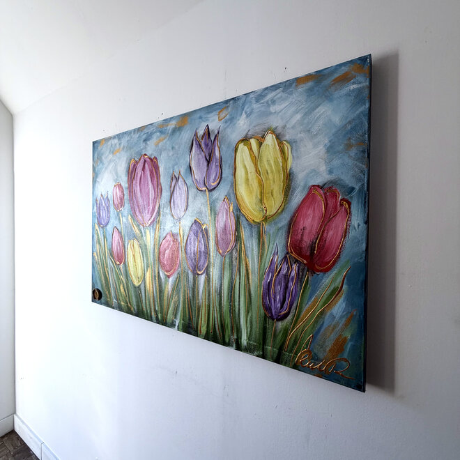 Schilderij - 80x120 cm - Rick Triest - Tulpenmanie -Pastel tulpen met goud #1