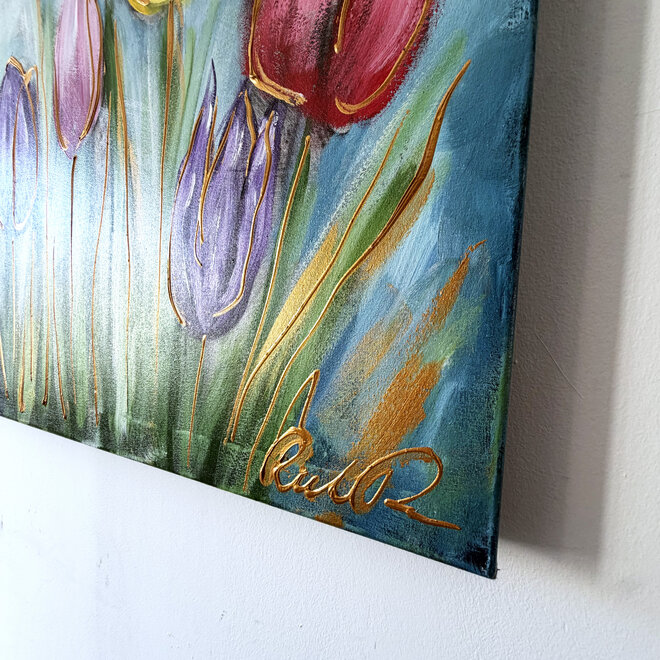 Schilderij - 80x120 cm - Rick Triest - Tulpenmanie -Pastel tulpen met goud #1