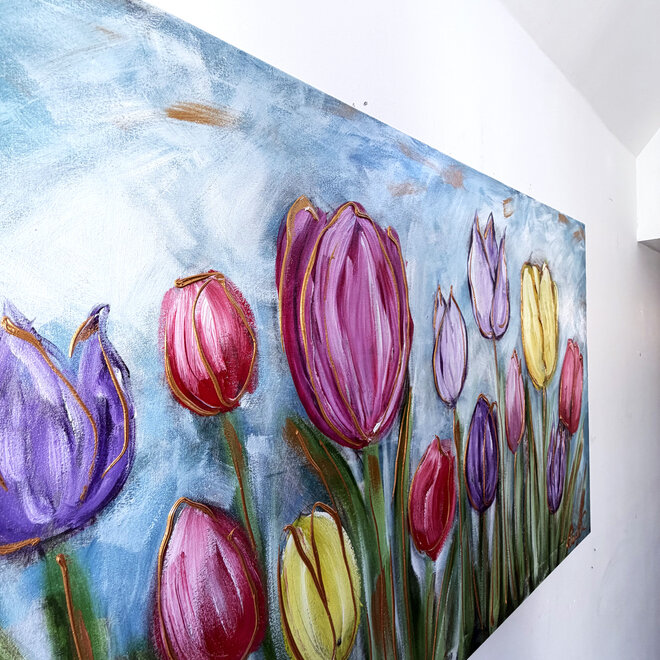 Schilderij - 80x120 cm - Rick Triest - Tulpenmanie -Pastel tulpen met goud #1