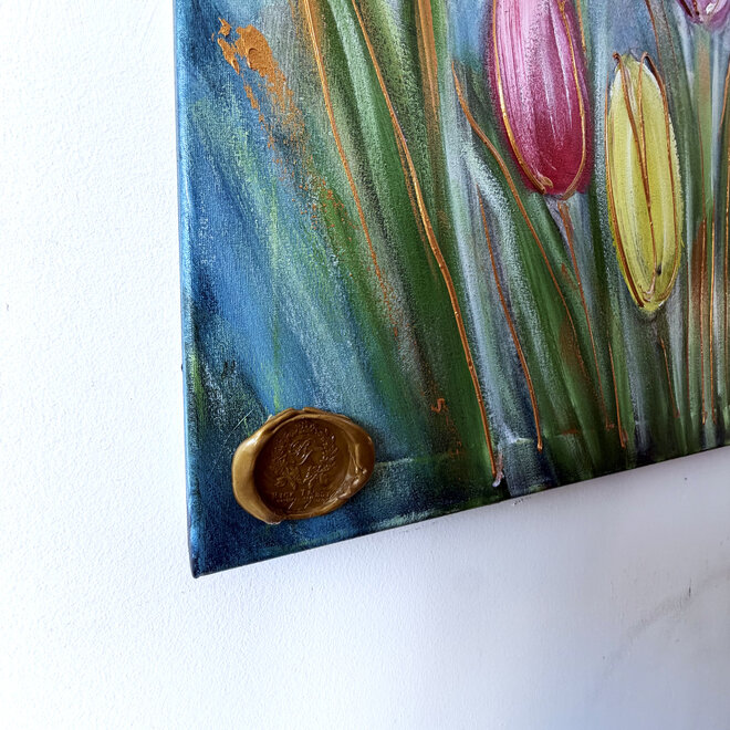 Painting  - 80x120 cm - Rick Triest - Tulpenmanie - Pastel tulpen met goud #1