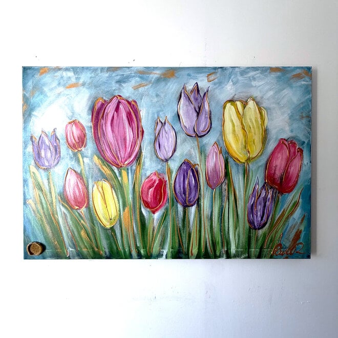 Schilderij -80x120 cm - Tulpenmanie - Pastel tulpen met goud #1