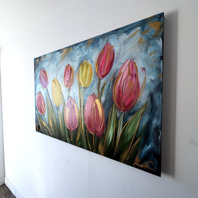 Schilderij - 80x120 cm - Rick Triest - Tulpenmanie -Pastel tulpen met goud #2