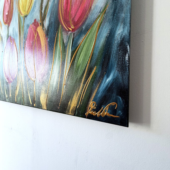 Painting  - 80x120 cm - Rick Triest - Tulpenmanie - Pastel tulpen met goud #2