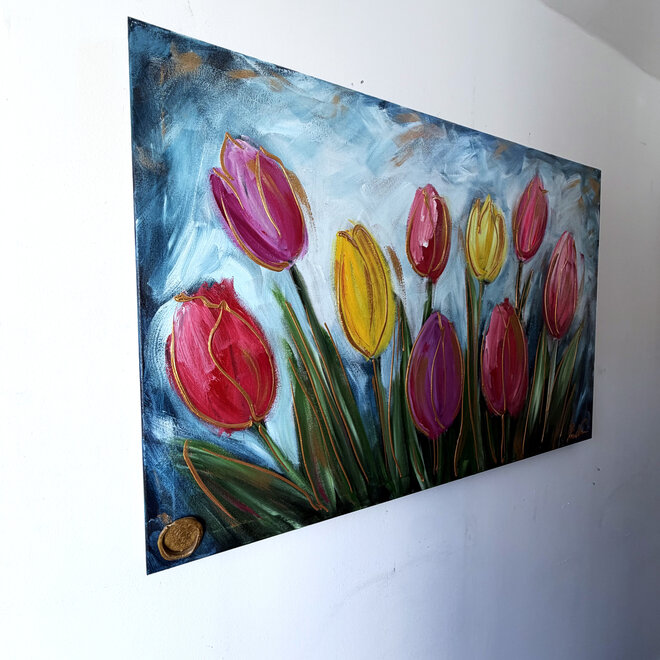 Schilderij - 80x120 cm - Rick Triest - Tulpenmanie -Pastel tulpen met goud #2