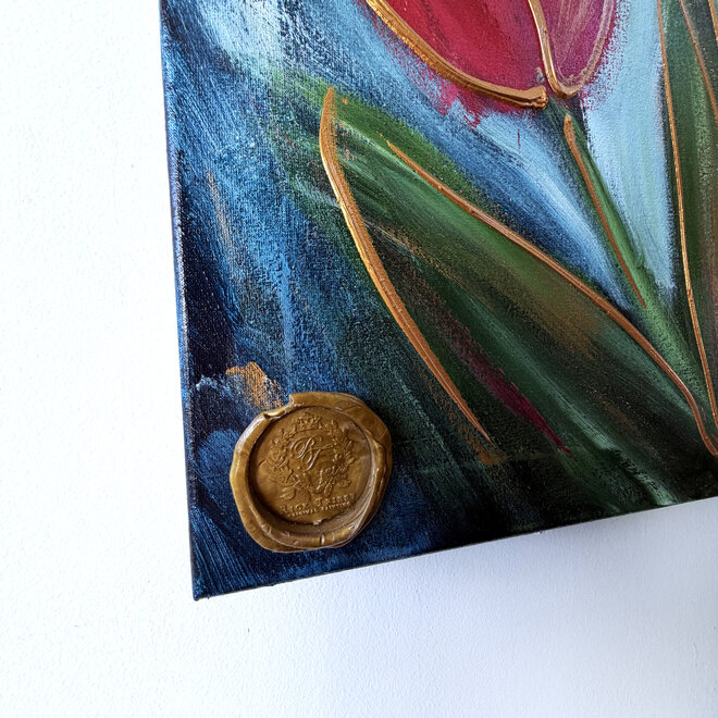 Schilderij - 80x120 cm - Rick Triest - Tulpenmanie -Pastel tulpen met goud #2