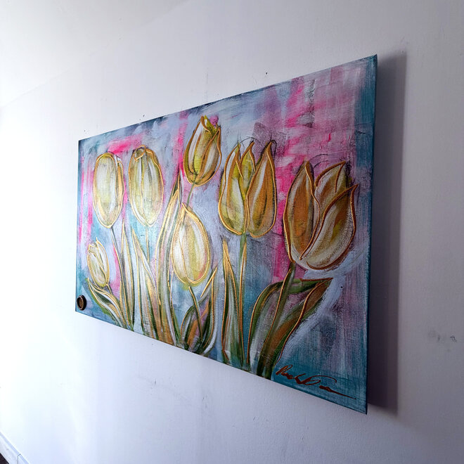 Painting  - 80x120 cm - Rick Triest - Tulpenmanie - Pastel tulpen met goud #3