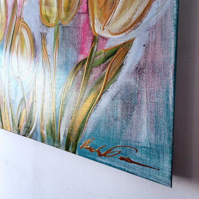 Painting  - 80x120 cm - Rick Triest - Tulpenmanie - Pastel tulpen met goud #3