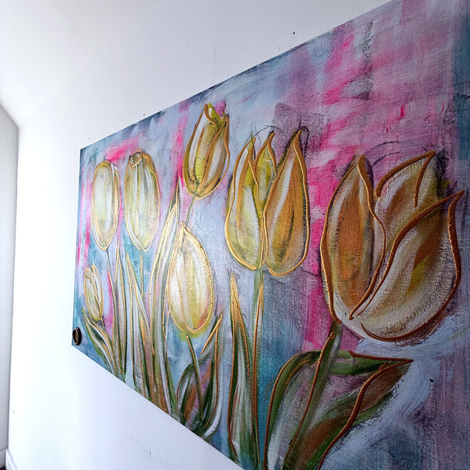 Painting  - 80x120 cm - Rick Triest - Tulpenmanie - Pastel tulpen met goud #3