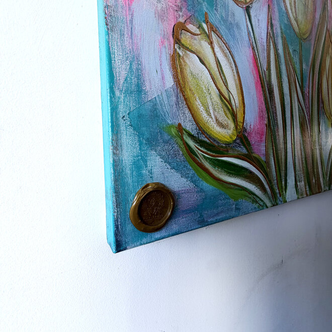 Painting  - 80x120 cm - Rick Triest - Tulpenmanie - Pastel tulpen met goud #3