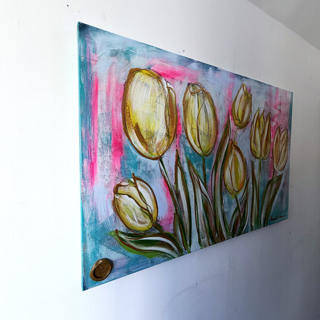 Schilderij - 80x120 cm - Rick Triest - Tulpenmanie -Pastel tulpen met goud #3