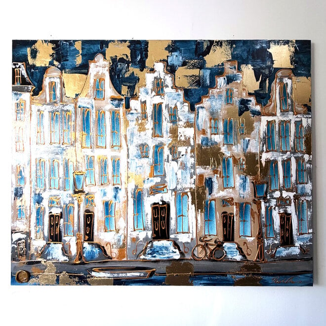 Painting- 120x150cm - Amsterdam Herengracht - Blue and Gold XL