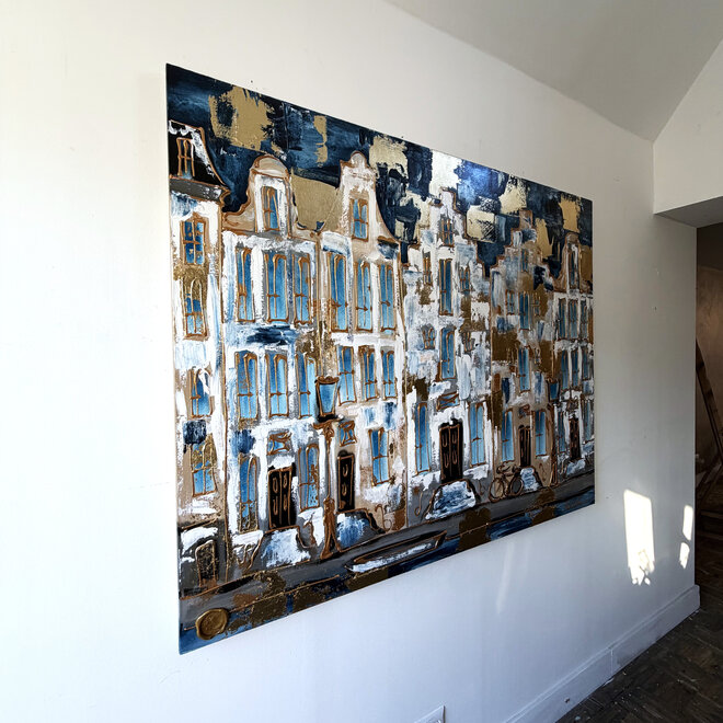 Schilderij- 120x150cm - Rick Triest - Amsterdam Herengracht - Blue and Gold XL