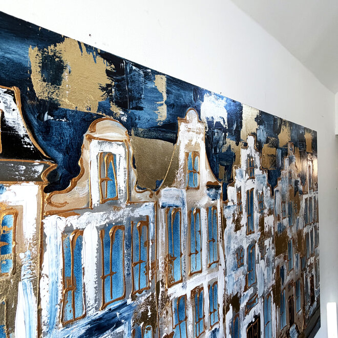 Schilderij- 120x150cm - Rick Triest - Amsterdam Herengracht - Blue and Gold XL