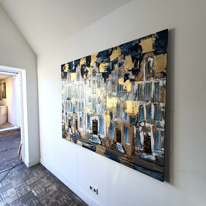 Schilderij- 120x150cm - Rick Triest - Amsterdam Herengracht - Blue and Gold XL